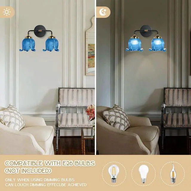 Alt view image 7 of 7 - Blue Glass Bathroom Lights Over Mirror 2 Light Vintage Wall sconces with Flower Glass Shade Mid Century Bathroom Vanity Lights Fixture Art Deco Wall Sconce Light for Bedroom Hallway