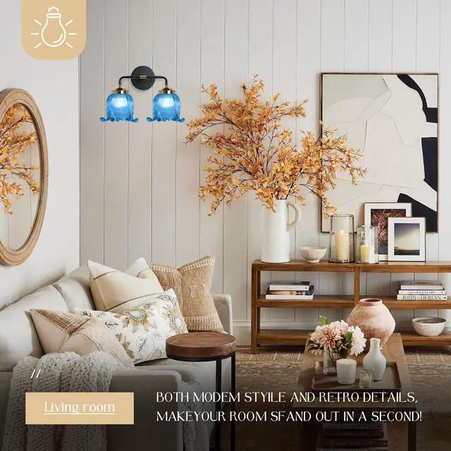 Alt view image 6 of 7 - Blue Glass Bathroom Lights Over Mirror 2 Light Vintage Wall sconces with Flower Glass Shade Mid Century Bathroom Vanity Lights Fixture Art Deco Wall Sconce Light for Bedroom Hallway