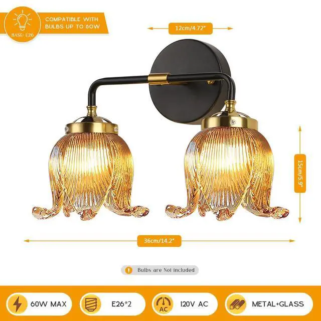 Alt view image 2 of 7 - Amber Glass Vanity Light Bathroom Light fixtures Mid Century Brushed Gold Black Wall Sconce with 2 Light Flower Shade Vintage Art Deco Vanity Lights for Over Mirror Bedroom Hallway (Amber)