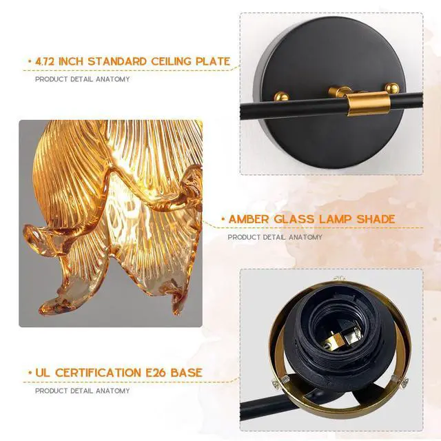 Alt view image 3 of 7 - Amber Glass Vanity Light Bathroom Light fixtures Mid Century Brushed Gold Black Wall Sconce with 2 Light Flower Shade Vintage Art Deco Vanity Lights for Over Mirror Bedroom Hallway (Amber)