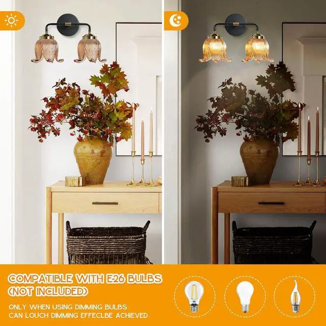 Alt view image 4 of 7 - Amber Glass Vanity Light Bathroom Light fixtures Mid Century Brushed Gold Black Wall Sconce with 2 Light Flower Shade Vintage Art Deco Vanity Lights for Over Mirror Bedroom Hallway (Amber)