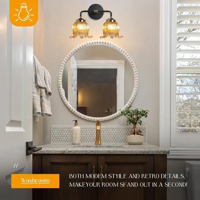 Alt view image 5 of 7 - Amber Glass Vanity Light Bathroom Light fixtures Mid Century Brushed Gold Black Wall Sconce with 2 Light Flower Shade Vintage Art Deco Vanity Lights for Over Mirror Bedroom Hallway (Amber)