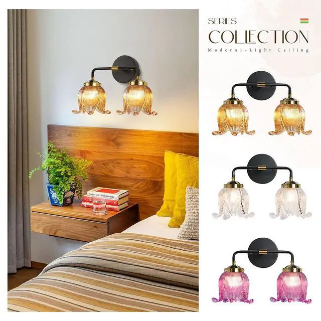 Alt view image 7 of 7 - Amber Glass Vanity Light Bathroom Light fixtures Mid Century Brushed Gold Black Wall Sconce with 2 Light Flower Shade Vintage Art Deco Vanity Lights for Over Mirror Bedroom Hallway (Amber)