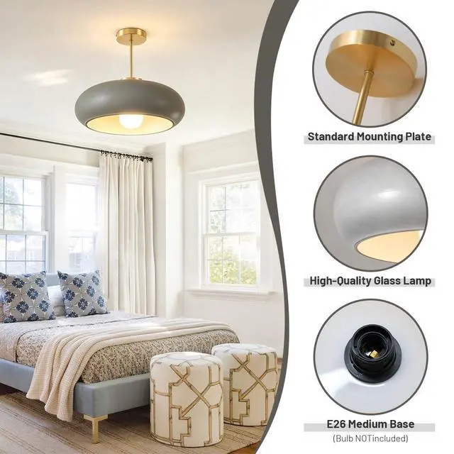 Alt view image 3 of 7 - 15.7 Large Ceiling Lamp Gold Brass 1Light Classic Gray Glass Shade | Mid Century Modern Design Semi Flush Mount Lights 20cm/7.9 Copper Rod,E26 Base for Hallway Living Room Kitchen Hall Bedroom