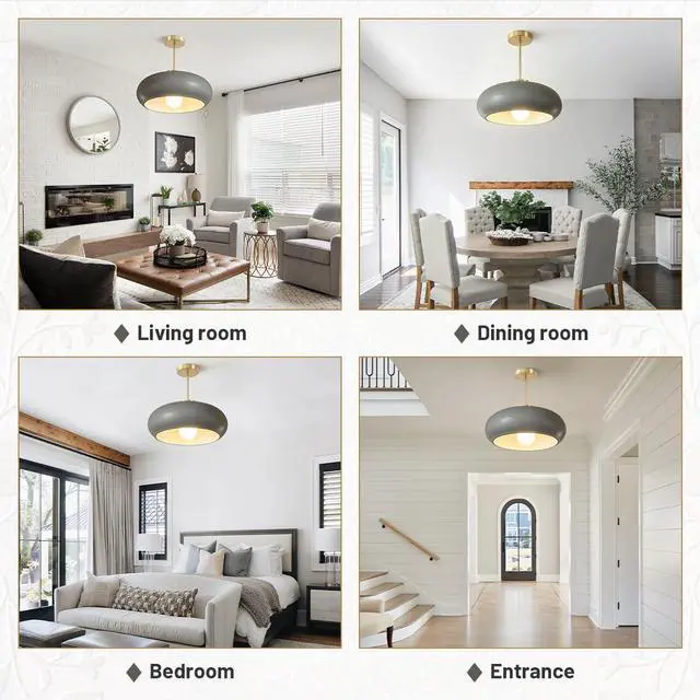 Alt view image 7 of 7 - 15.7 Large Ceiling Lamp Gold Brass 1Light Classic Gray Glass Shade | Mid Century Modern Design Semi Flush Mount Lights 20cm/7.9 Copper Rod,E26 Base for Hallway Living Room Kitchen Hall Bedroom