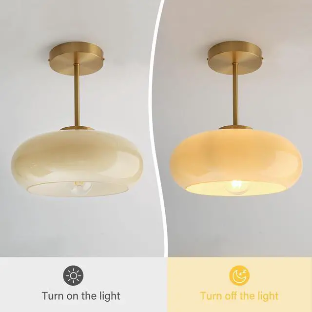 Alt view image 3 of 7 - Mid Century Ceiling Light Fixtures Milk Glass Ceiling Lights Round Milk Yellow Shade Gold Brass Semi Flush Mount Ceiling Light Globe Glass Ceiling Lamp for Hallway Dining Room Kitchen