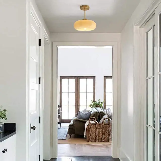 Alt view image 5 of 7 - Mid Century Ceiling Light Fixtures Milk Glass Ceiling Lights Round Milk Yellow Shade Gold Brass Semi Flush Mount Ceiling Light Globe Glass Ceiling Lamp for Hallway Dining Room Kitchen