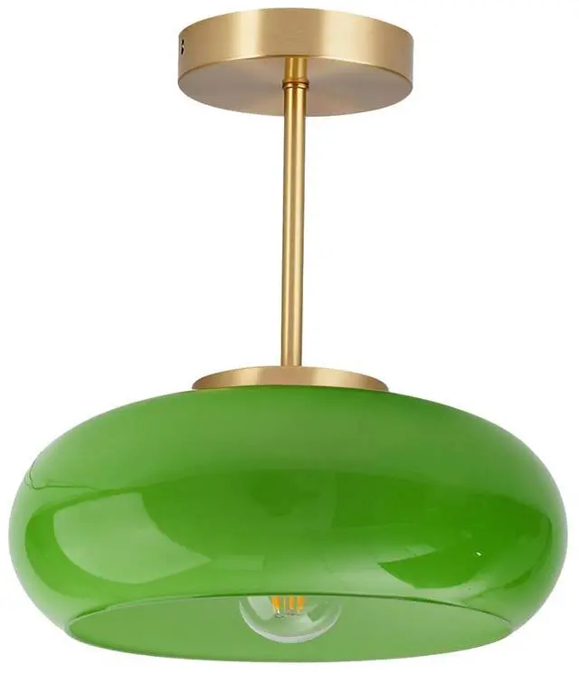 Main image of Green Glass Ceiling Light - Mid Century Modern Semi Flush Mount with Green Dome Glass Shade and Gold Brass Finish - Vintage Hallway Light Fixture Hallway Dining Room Kitchen Sink