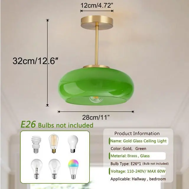 Alt view image 2 of 7 - Green Glass Ceiling Light - Mid Century Modern Semi Flush Mount with Green Dome Glass Shade and Gold Brass Finish - Vintage Hallway Light Fixture Hallway Dining Room Kitchen Sink