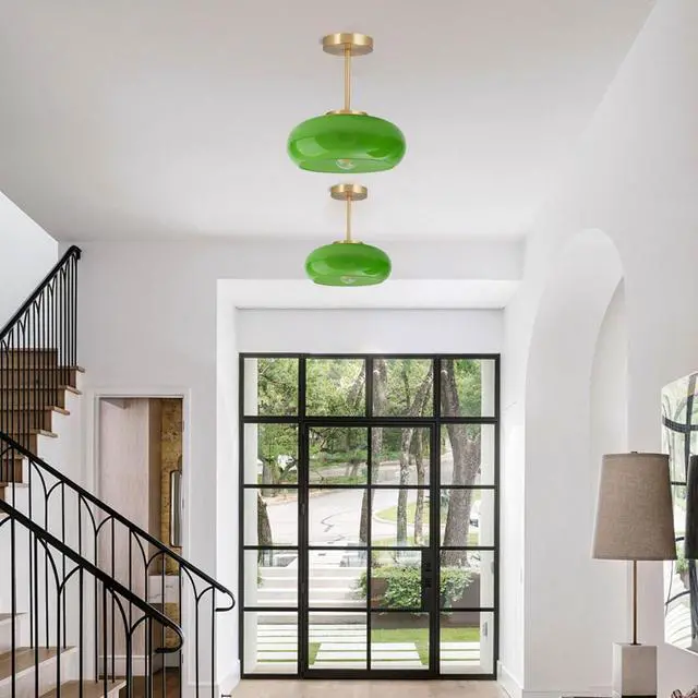Alt view image 3 of 7 - Green Glass Ceiling Light - Mid Century Modern Semi Flush Mount with Green Dome Glass Shade and Gold Brass Finish - Vintage Hallway Light Fixture Hallway Dining Room Kitchen Sink