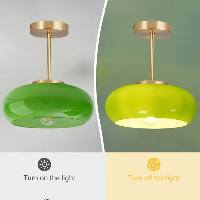 Alt view image 5 of 7 - Green Glass Ceiling Light - Mid Century Modern Semi Flush Mount with Green Dome Glass Shade and Gold Brass Finish - Vintage Hallway Light Fixture Hallway Dining Room Kitchen Sink