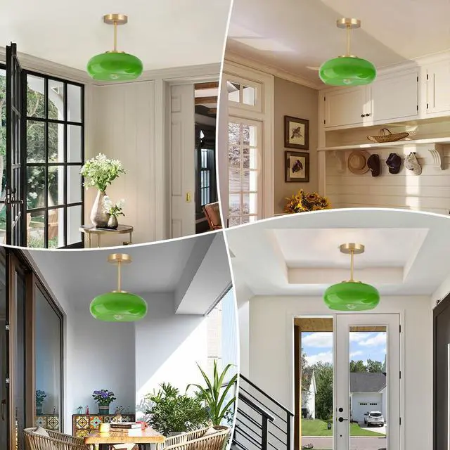 Alt view image 4 of 7 - Green Glass Ceiling Light - Mid Century Modern Semi Flush Mount with Green Dome Glass Shade and Gold Brass Finish - Vintage Hallway Light Fixture Hallway Dining Room Kitchen Sink