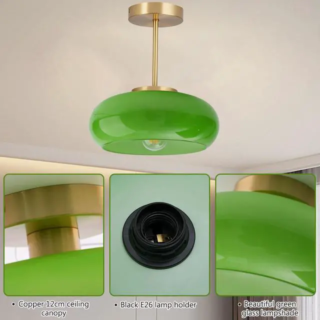 Alt view image 6 of 7 - Green Glass Ceiling Light - Mid Century Modern Semi Flush Mount with Green Dome Glass Shade and Gold Brass Finish - Vintage Hallway Light Fixture Hallway Dining Room Kitchen Sink