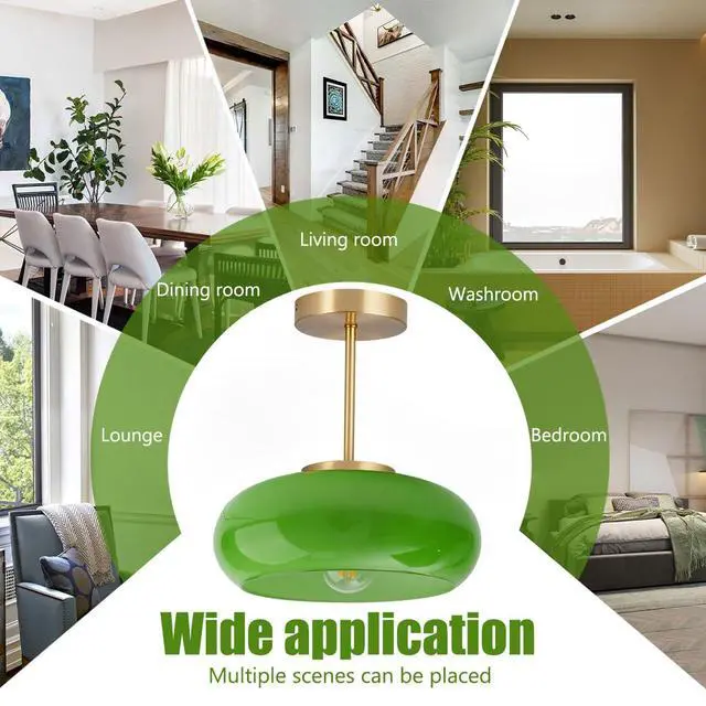 Alt view image 7 of 7 - Green Glass Ceiling Light - Mid Century Modern Semi Flush Mount with Green Dome Glass Shade and Gold Brass Finish - Vintage Hallway Light Fixture Hallway Dining Room Kitchen Sink