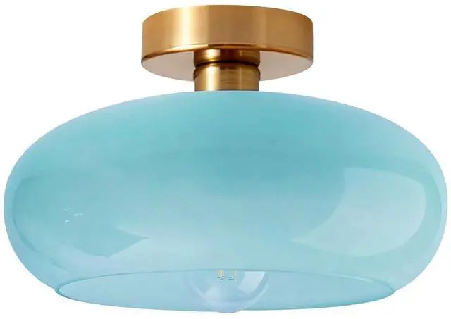 Main image of Blue Close to Ceiling Light Fixtures Vintage Flush Mount Ceiling Lights 11" Round Dome Thickened Glass Shade Gold Mid Century Semi Flush Mount Light Hallway Entrance Lighting Fixture