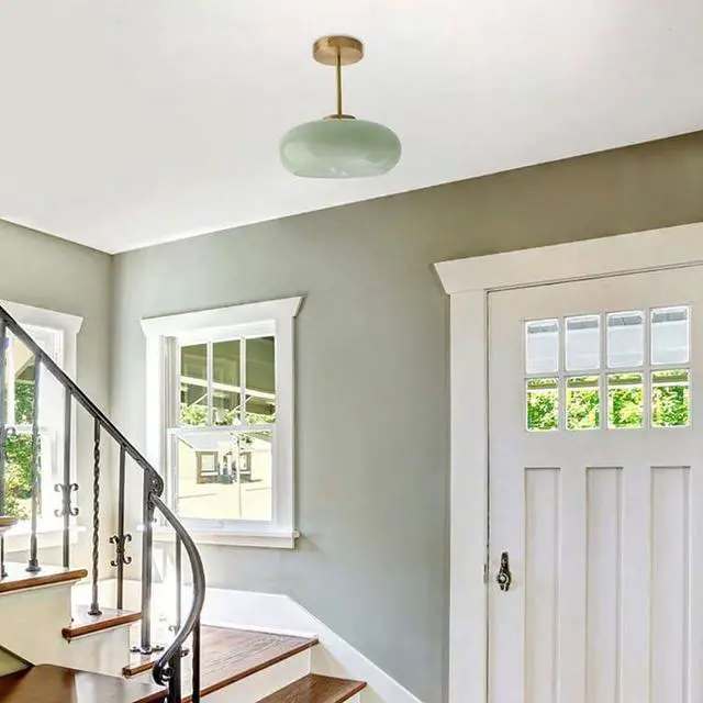 Alt view image 4 of 7 - Milk Glass Ceiling Light Semi Flush Mount Ceiling Lights fixtures with Milk Green Glass Shade Mid Century Modern Flush Mount Lighting Gold Brass Close to Lamp for Hallway Kitchen Sink