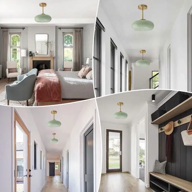 Alt view image 5 of 7 - Milk Glass Ceiling Light Semi Flush Mount Ceiling Lights fixtures with Milk Green Glass Shade Mid Century Modern Flush Mount Lighting Gold Brass Close to Lamp for Hallway Kitchen Sink