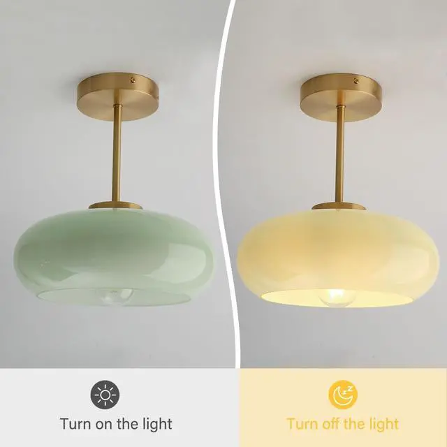 Alt view image 6 of 7 - Milk Glass Ceiling Light Semi Flush Mount Ceiling Lights fixtures with Milk Green Glass Shade Mid Century Modern Flush Mount Lighting Gold Brass Close to Lamp for Hallway Kitchen Sink