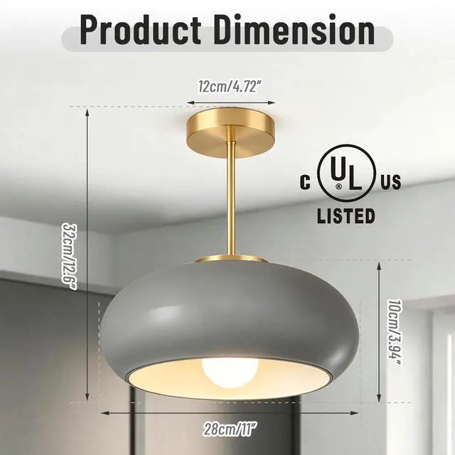Alt view image 2 of 7 - Gray Semi Flush Mount Ceiling Light Mid Century Light Fixture Nursery Close to Ceiling Lights Hallway Gold Semi Flush Mount Lamp Modern Porch Glass Chandeliers Entryway Overhead Light