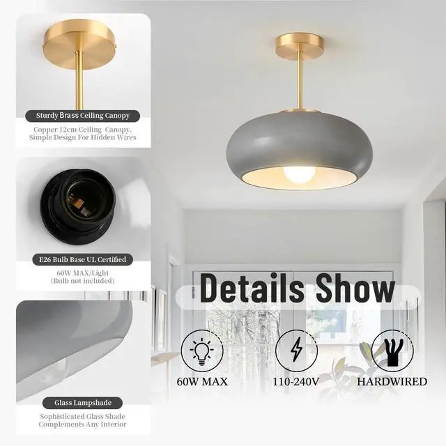 Alt view image 3 of 7 - Gray Semi Flush Mount Ceiling Light Mid Century Light Fixture Nursery Close to Ceiling Lights Hallway Gold Semi Flush Mount Lamp Modern Porch Glass Chandeliers Entryway Overhead Light