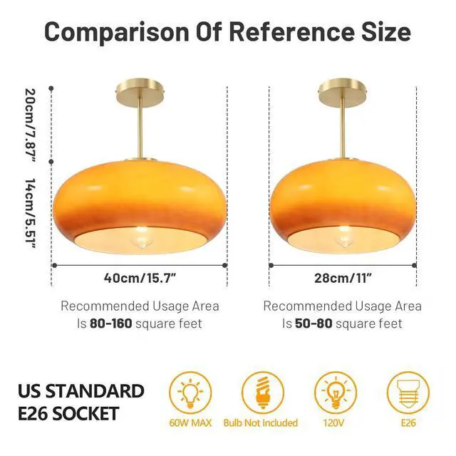Alt view image 2 of 7 - Large Glass Semi Flush Mount Ceiling Light 15.7Dome Orange Shade | Brushed Gold Brass Ceiling Light Mid Century Modern Style,D15.7*H13.38,E26 Base,Farmhouse,Hallway,Dining Room,Bedroom