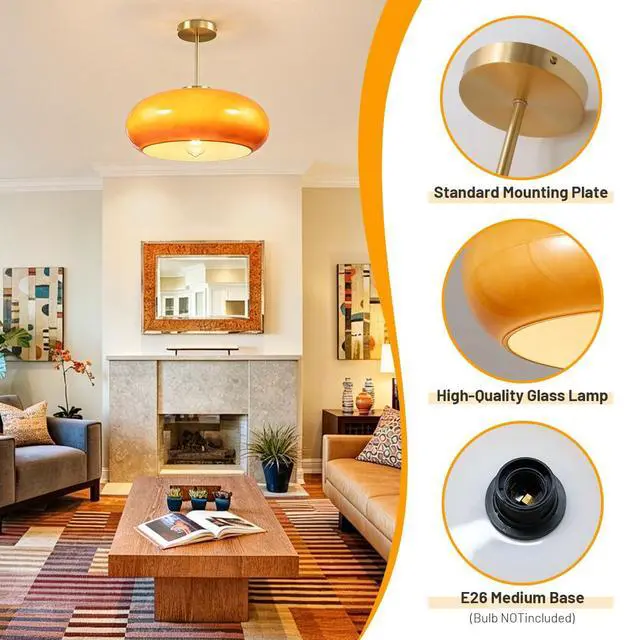 Alt view image 3 of 7 - Large Glass Semi Flush Mount Ceiling Light 15.7Dome Orange Shade | Brushed Gold Brass Ceiling Light Mid Century Modern Style,D15.7*H13.38,E26 Base,Farmhouse,Hallway,Dining Room,Bedroom