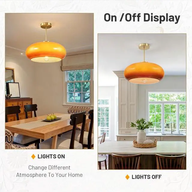 Alt view image 4 of 7 - Large Glass Semi Flush Mount Ceiling Light 15.7Dome Orange Shade | Brushed Gold Brass Ceiling Light Mid Century Modern Style,D15.7*H13.38,E26 Base,Farmhouse,Hallway,Dining Room,Bedroom