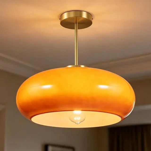 Alt view image 5 of 7 - Large Glass Semi Flush Mount Ceiling Light 15.7Dome Orange Shade | Brushed Gold Brass Ceiling Light Mid Century Modern Style,D15.7*H13.38,E26 Base,Farmhouse,Hallway,Dining Room,Bedroom