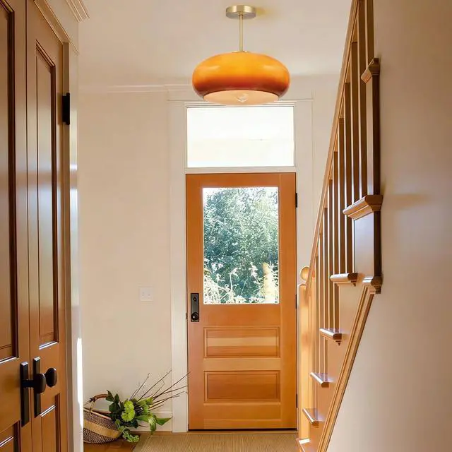 Alt view image 6 of 7 - Large Glass Semi Flush Mount Ceiling Light 15.7Dome Orange Shade | Brushed Gold Brass Ceiling Light Mid Century Modern Style,D15.7*H13.38,E26 Base,Farmhouse,Hallway,Dining Room,Bedroom