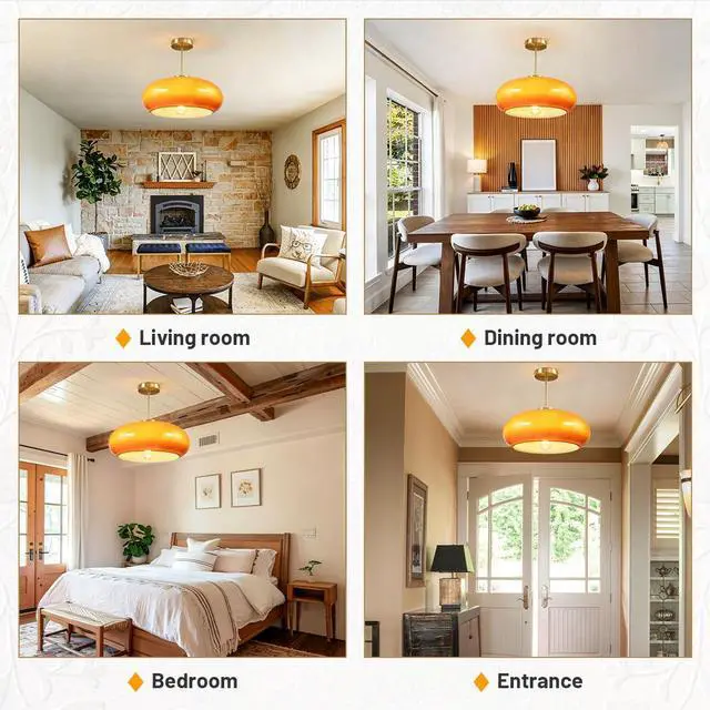 Alt view image 7 of 7 - Large Glass Semi Flush Mount Ceiling Light 15.7Dome Orange Shade | Brushed Gold Brass Ceiling Light Mid Century Modern Style,D15.7*H13.38,E26 Base,Farmhouse,Hallway,Dining Room,Bedroom