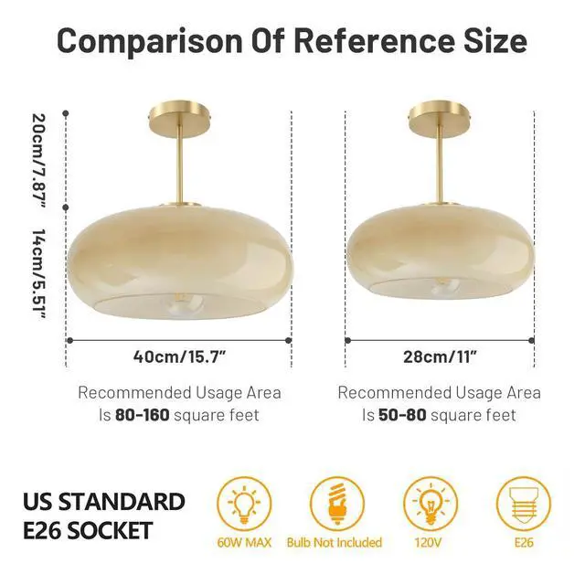Alt view image 2 of 7 - Gold Brass Semi Flush Mount Ceiling Light 15.7-Milk Yellow Glass | Large Dome Shade Mid Century Modern Style Ceiling Light fixtures Brushed Gold ,Farmhouse,Hallway,Dining Room,Entrance
