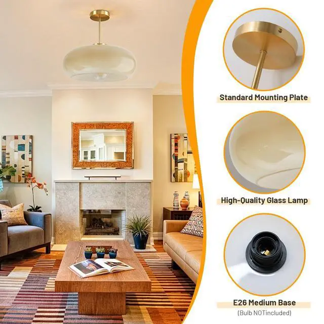 Alt view image 3 of 7 - Gold Brass Semi Flush Mount Ceiling Light 15.7-Milk Yellow Glass | Large Dome Shade Mid Century Modern Style Ceiling Light fixtures Brushed Gold ,Farmhouse,Hallway,Dining Room,Entrance