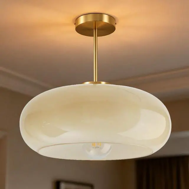 Alt view image 5 of 7 - Gold Brass Semi Flush Mount Ceiling Light 15.7-Milk Yellow Glass | Large Dome Shade Mid Century Modern Style Ceiling Light fixtures Brushed Gold ,Farmhouse,Hallway,Dining Room,Entrance