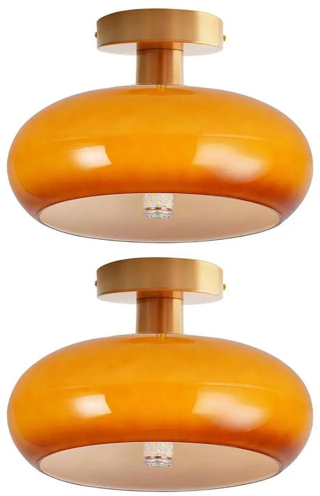 Main image of Orange Glass Close to Ceiling Light Fixtures Gold Flush Mount Light | 2-Pack Mid century Modern Ceiling light Milk Orange Glass Dome Shade E26 for Hallway Dining Room Kitchen Closet Shower room