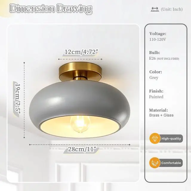 Alt view image 2 of 7 - Mid Century Light Fixture Vintage Ceiling Light - Milk Glass Gray Shade Semi Flush Mount Ceiling Lights fixtures Gold Brass Flush Mount Lights for Entryway Foyer Hallway Hall Bedroom