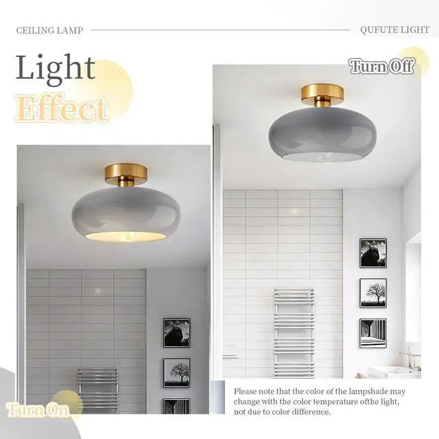 Alt view image 4 of 7 - Mid Century Light Fixture Vintage Ceiling Light - Milk Glass Gray Shade Semi Flush Mount Ceiling Lights fixtures Gold Brass Flush Mount Lights for Entryway Foyer Hallway Hall Bedroom