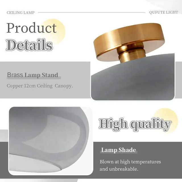 Alt view image 3 of 7 - Mid Century Light Fixture Vintage Ceiling Light - Milk Glass Gray Shade Semi Flush Mount Ceiling Lights fixtures Gold Brass Flush Mount Lights for Entryway Foyer Hallway Hall Bedroom