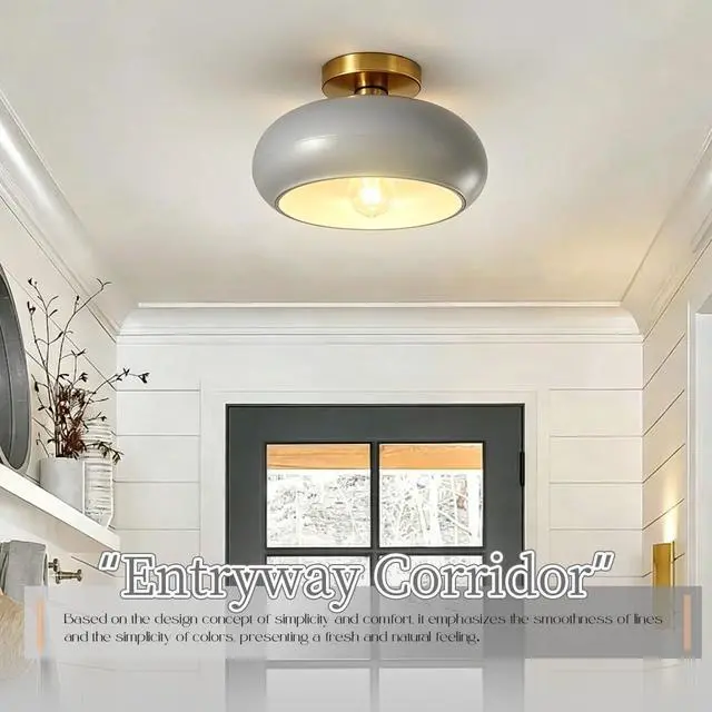 Alt view image 5 of 7 - Mid Century Light Fixture Vintage Ceiling Light - Milk Glass Gray Shade Semi Flush Mount Ceiling Lights fixtures Gold Brass Flush Mount Lights for Entryway Foyer Hallway Hall Bedroom