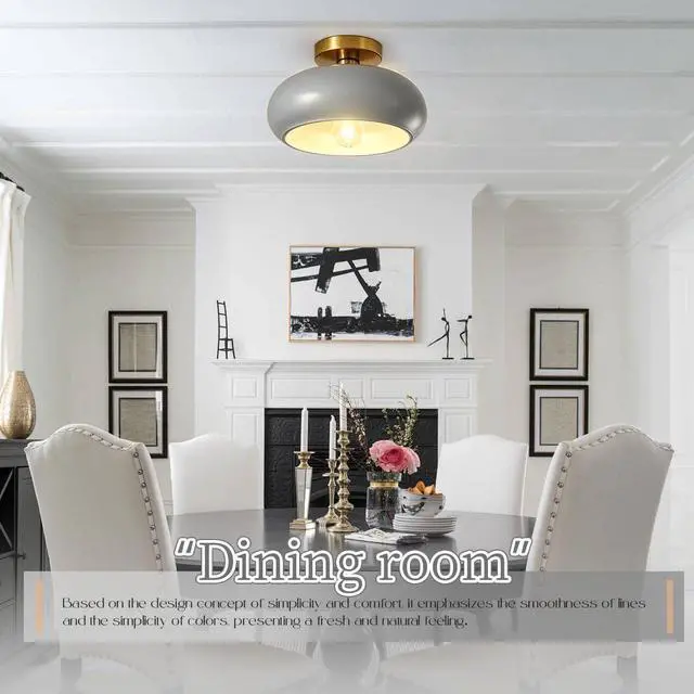 Alt view image 6 of 7 - Mid Century Light Fixture Vintage Ceiling Light - Milk Glass Gray Shade Semi Flush Mount Ceiling Lights fixtures Gold Brass Flush Mount Lights for Entryway Foyer Hallway Hall Bedroom
