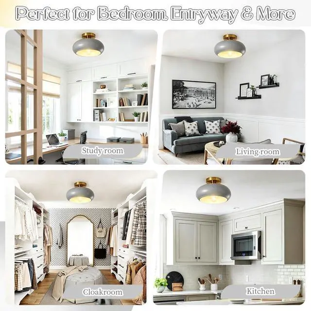 Alt view image 7 of 7 - Mid Century Light Fixture Vintage Ceiling Light - Milk Glass Gray Shade Semi Flush Mount Ceiling Lights fixtures Gold Brass Flush Mount Lights for Entryway Foyer Hallway Hall Bedroom