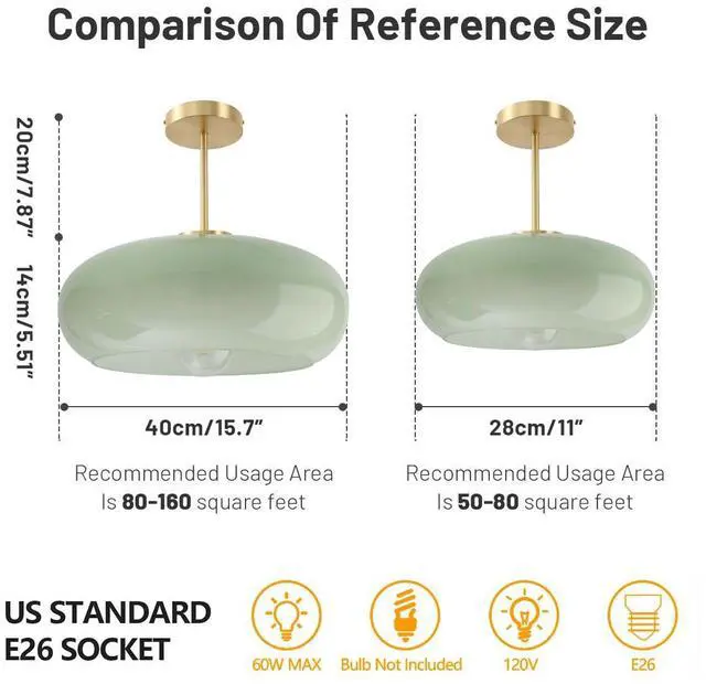 Alt view image 2 of 7 - Milk Green Ceiling Light 15.7Large Mid Century Modern Light Fixture | D15.7*H13.38 Glass Dome Shade Vintage Ceiling Light fixtures Brushed Gold Brass ,E26 Base,Farmhouse,Hallway,Dining Room
