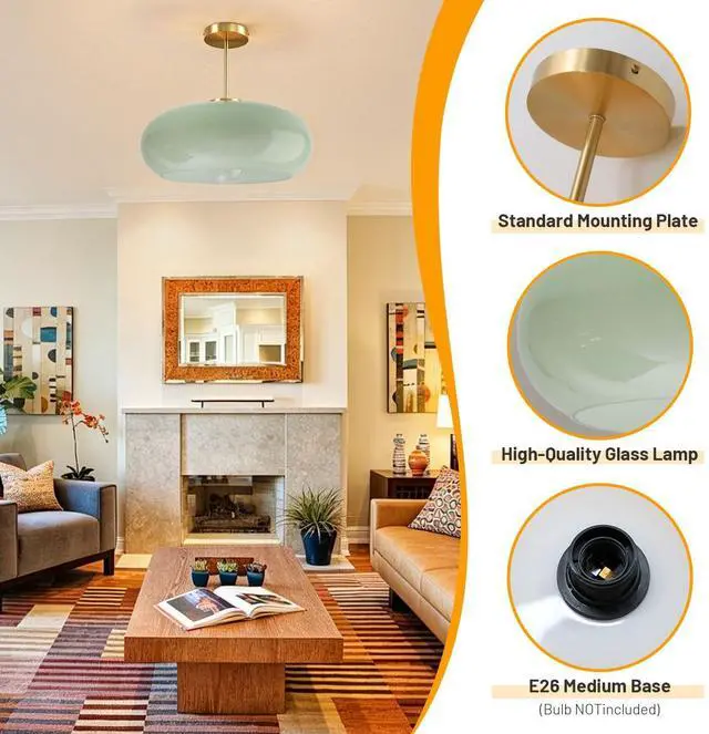 Alt view image 3 of 7 - Milk Green Ceiling Light 15.7Large Mid Century Modern Light Fixture | D15.7*H13.38 Glass Dome Shade Vintage Ceiling Light fixtures Brushed Gold Brass ,E26 Base,Farmhouse,Hallway,Dining Room