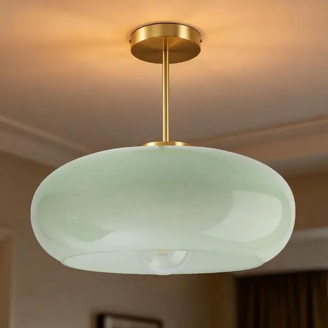 Alt view image 6 of 7 - Milk Green Ceiling Light 15.7Large Mid Century Modern Light Fixture | D15.7*H13.38 Glass Dome Shade Vintage Ceiling Light fixtures Brushed Gold Brass ,E26 Base,Farmhouse,Hallway,Dining Room