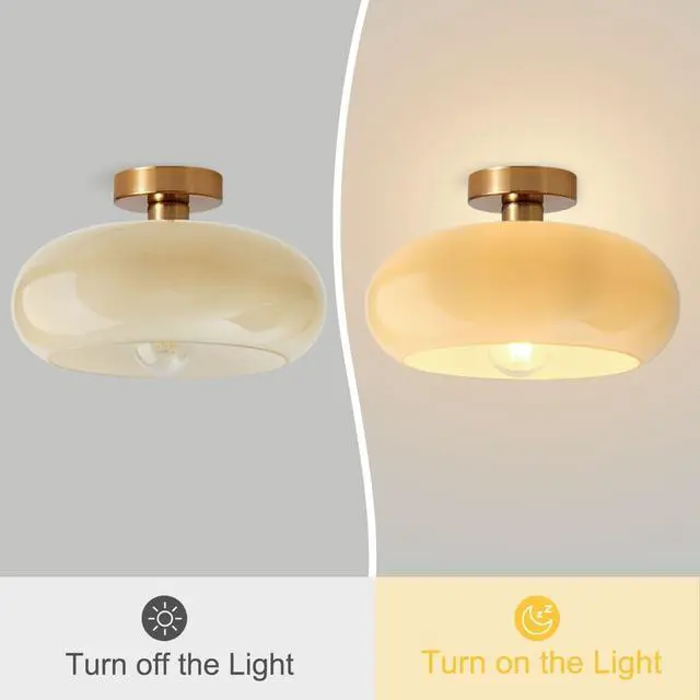Alt view image 5 of 7 - Gold Brass Flush Mount Ceiling Light Fixtures Mid Century Modern Ceiling Lights Brushed Milk Yellow Shade Glass Semi Flush Mount Light for Farmhouse Hallway Kitchen Sink Ceiling Lamp