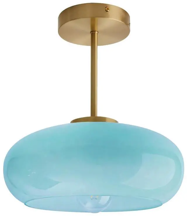 Main image of Semi Flush Mount Ceiling Light Blue Glass Ceiling Lights 11" Large Globe Shade Vintage Brushed Gold Brass Flush Mount Lamp Modern Close to Light Fixture for Hallway Bedroom Entrance