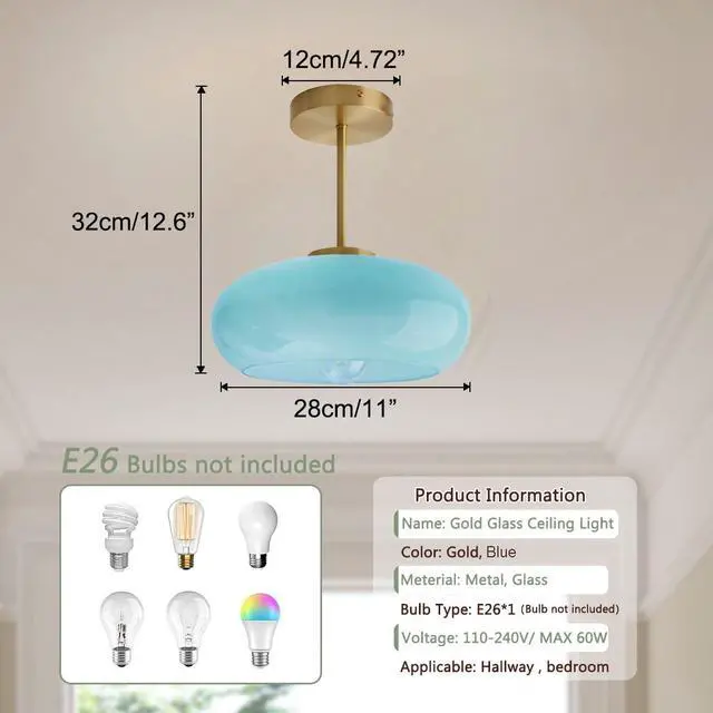 Alt view image 2 of 7 - Semi Flush Mount Ceiling Light Blue Glass Ceiling Lights 11" Large Globe Shade Vintage Brushed Gold Brass Flush Mount Lamp Modern Close to Light Fixture for Hallway Bedroom Entrance