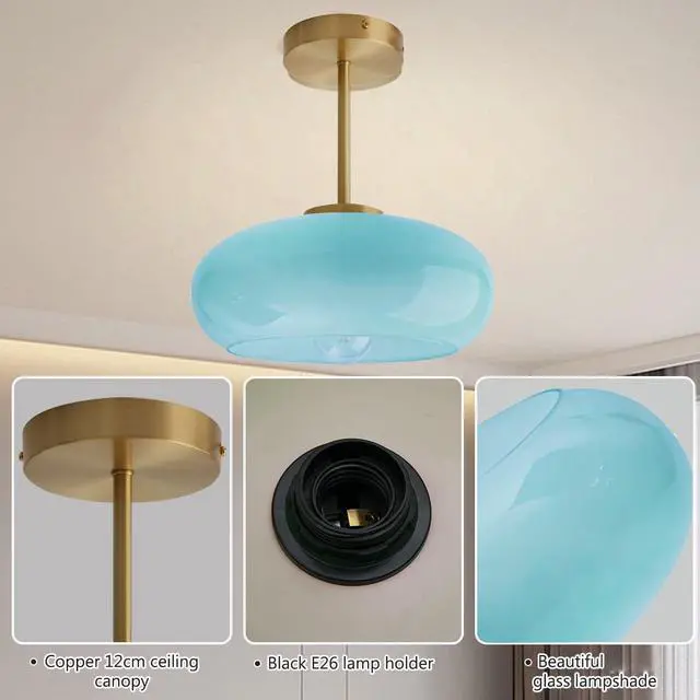 Alt view image 3 of 7 - Semi Flush Mount Ceiling Light Blue Glass Ceiling Lights 11" Large Globe Shade Vintage Brushed Gold Brass Flush Mount Lamp Modern Close to Light Fixture for Hallway Bedroom Entrance