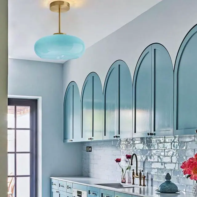 Alt view image 4 of 7 - Semi Flush Mount Ceiling Light Blue Glass Ceiling Lights 11" Large Globe Shade Vintage Brushed Gold Brass Flush Mount Lamp Modern Close to Light Fixture for Hallway Bedroom Entrance