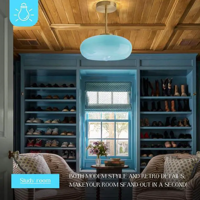 Alt view image 5 of 7 - Semi Flush Mount Ceiling Light Blue Glass Ceiling Lights 11" Large Globe Shade Vintage Brushed Gold Brass Flush Mount Lamp Modern Close to Light Fixture for Hallway Bedroom Entrance