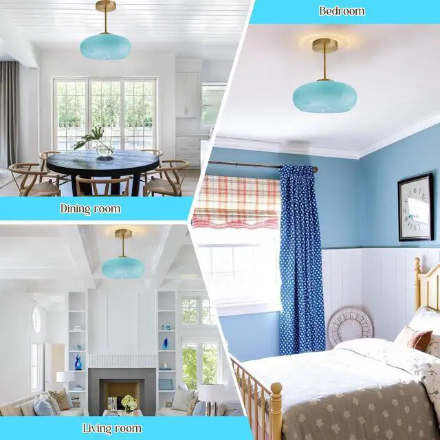 Alt view image 6 of 7 - Semi Flush Mount Ceiling Light Blue Glass Ceiling Lights 11" Large Globe Shade Vintage Brushed Gold Brass Flush Mount Lamp Modern Close to Light Fixture for Hallway Bedroom Entrance